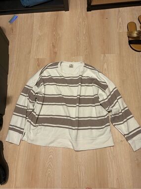 Danskin Cream and Taupe Striped Crewneck Sweater